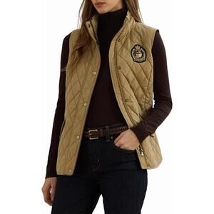New Lauren Ralph Lauren Crest Patch Diamond Quilted Vest In Birch Tan Sz L $150